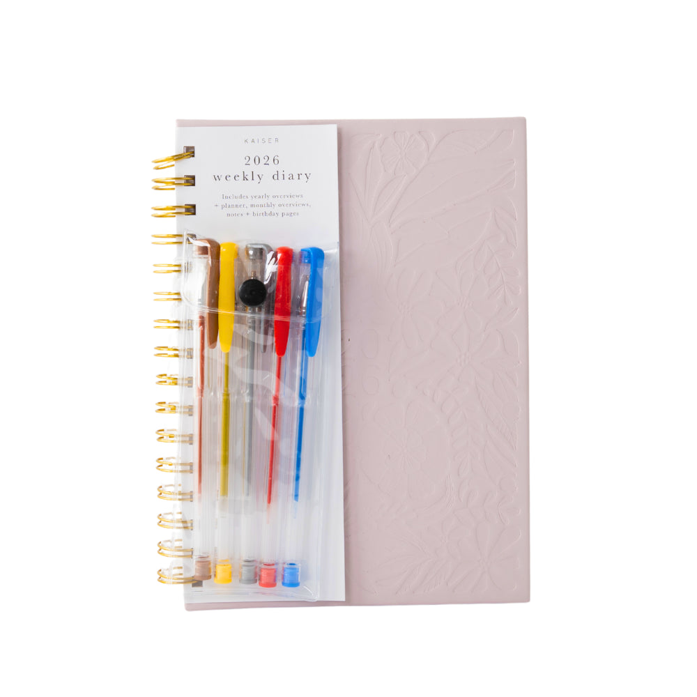 2026 A5 Weekly Spiral Diary & Pen - Pink Blooms